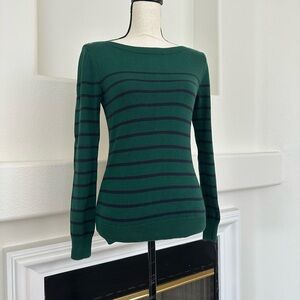 Tommy Hilfiger 100% Pima Cotton Green w/ Navy Blue Stripe Boatneck Sweater Sz XS